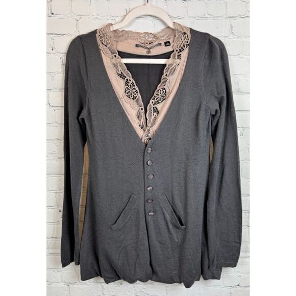 KNITTED & KNOTTED gray purple wool blend knit lace V-neck sweater cardigan 8 - Picture 1 of 12